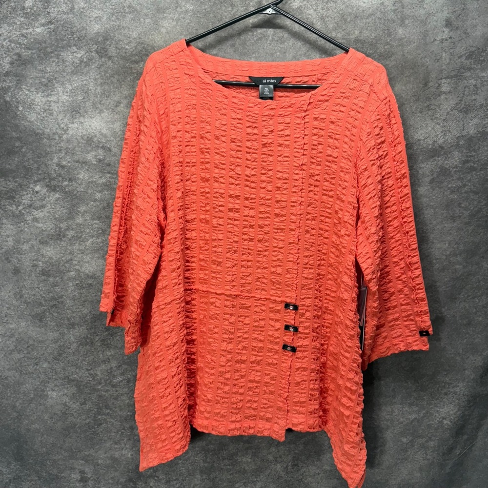 Ali Miles Coral Textured 3/4 Sleeve Tunic Top Size PXL Salmon Artsy Lagenlook